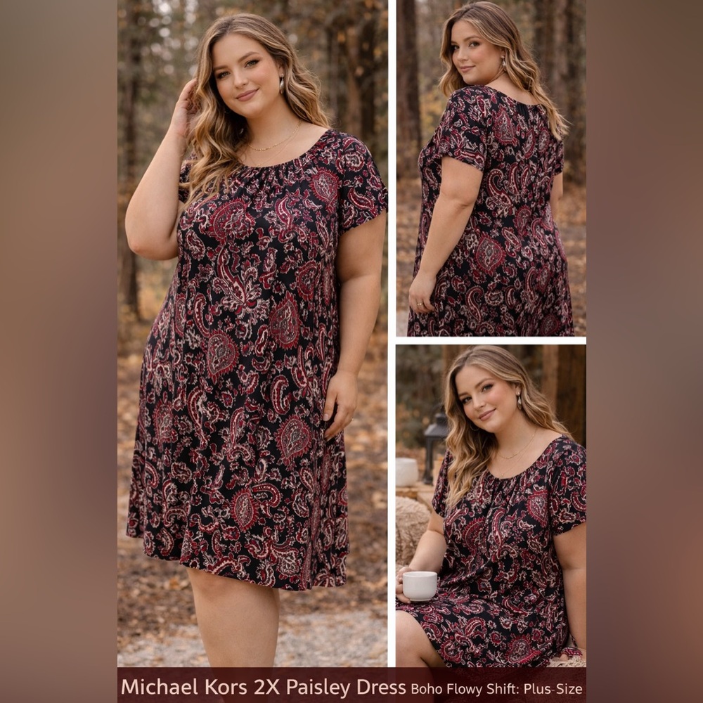 Michael Kors Plus Size Black Paisley Short Sleeve Swing Dress - Red Accent